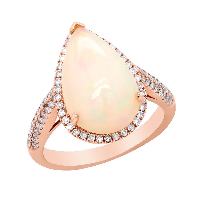 custom ladies rings-ROSE GOLD FASHION RING WITH PEAR SHAPED OPAL AND SIDE DIAMONDS, .48 CTTW