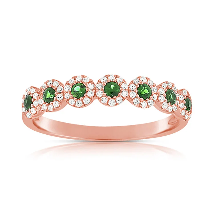 luxury gemstone ladies rings-14K Rose Diamond Halo + Emerald Band