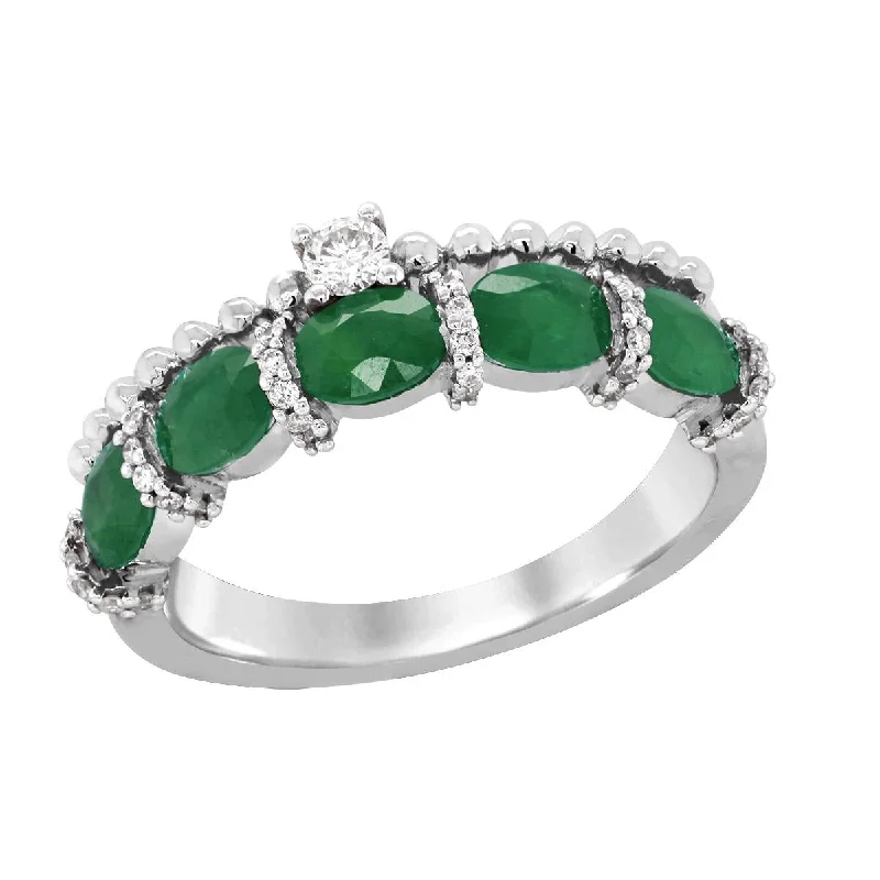 ladies rings for mothers-WHITE GOLD RING WITH OVAL EMERALDS AND SIDE DIAMONDS