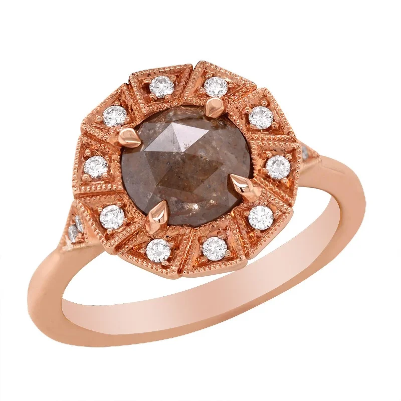 custom engraved ladies rings-ROSE GOLD FASHION RING WITH A COGNAC COLORED FACETED ROUGH DIAMOND, 1.36 CT TW