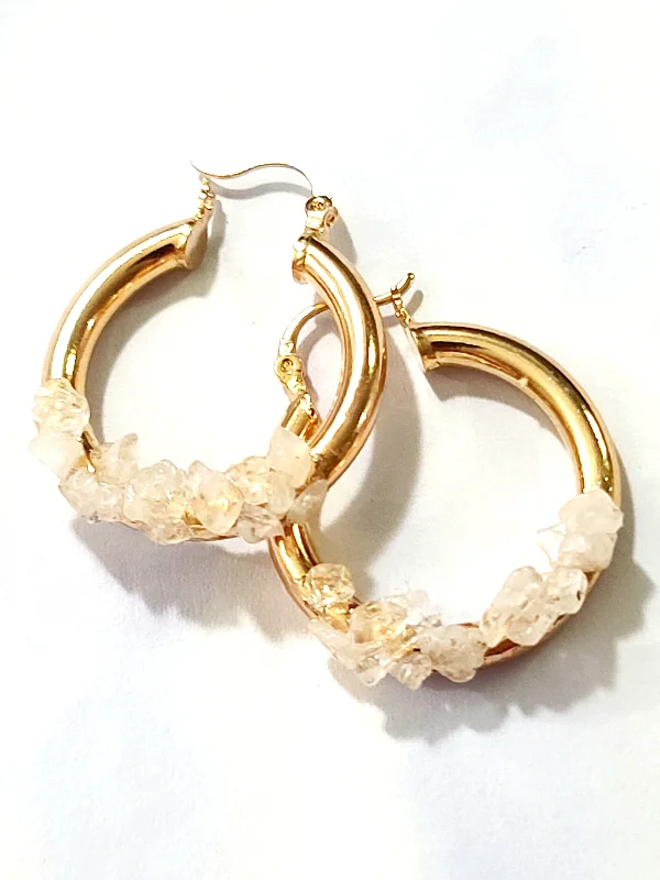 trendy ladies earrings-Moonstone Huggie Hoop Earrings