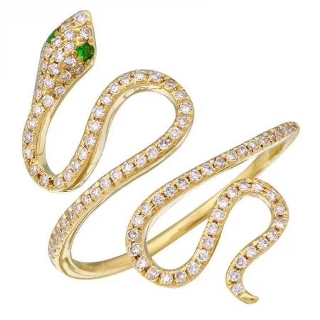 classic ladies rings-14K Yellow Gold Diamond + Emerald Eye Snake Ring