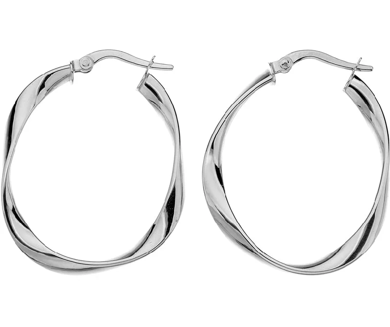 women’s stud earrings with gemstones-9ct White Gold Subtle Twist Oval Hoop Earrings