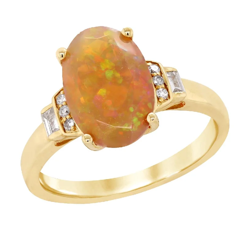 ladies cocktail rings-YELLOW GOLD FASHION RING WITH OVAL OPAL CENTER AND SIDE DIAMONDS, .12 CT TW