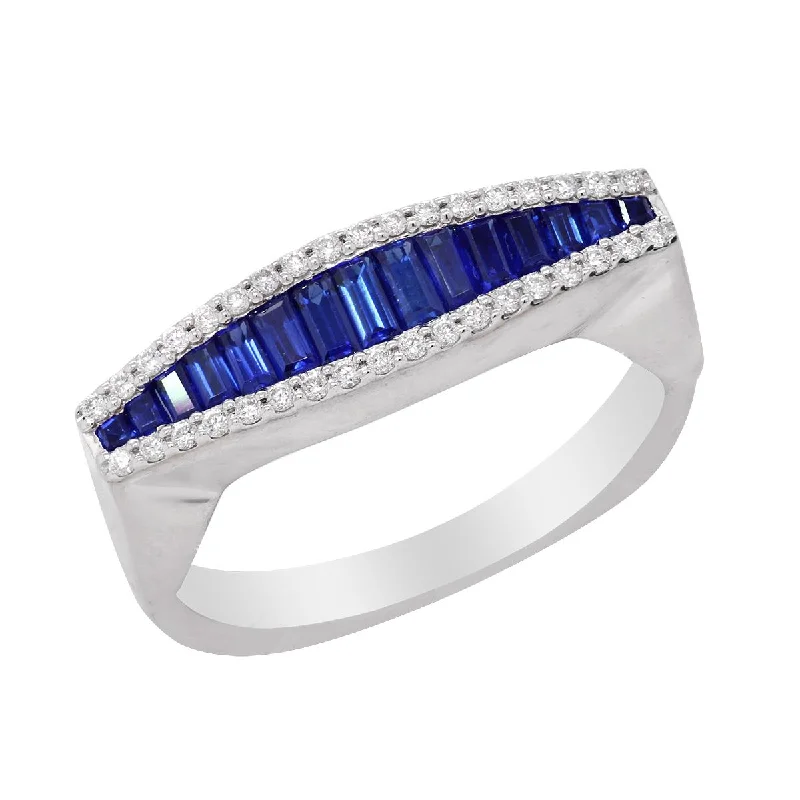 trendy ladies rings-WHITE GOLD FASHION RING WITH BAGUETTE SAPPHIRES AND ROUND DIAMONDS, .13 CT TW