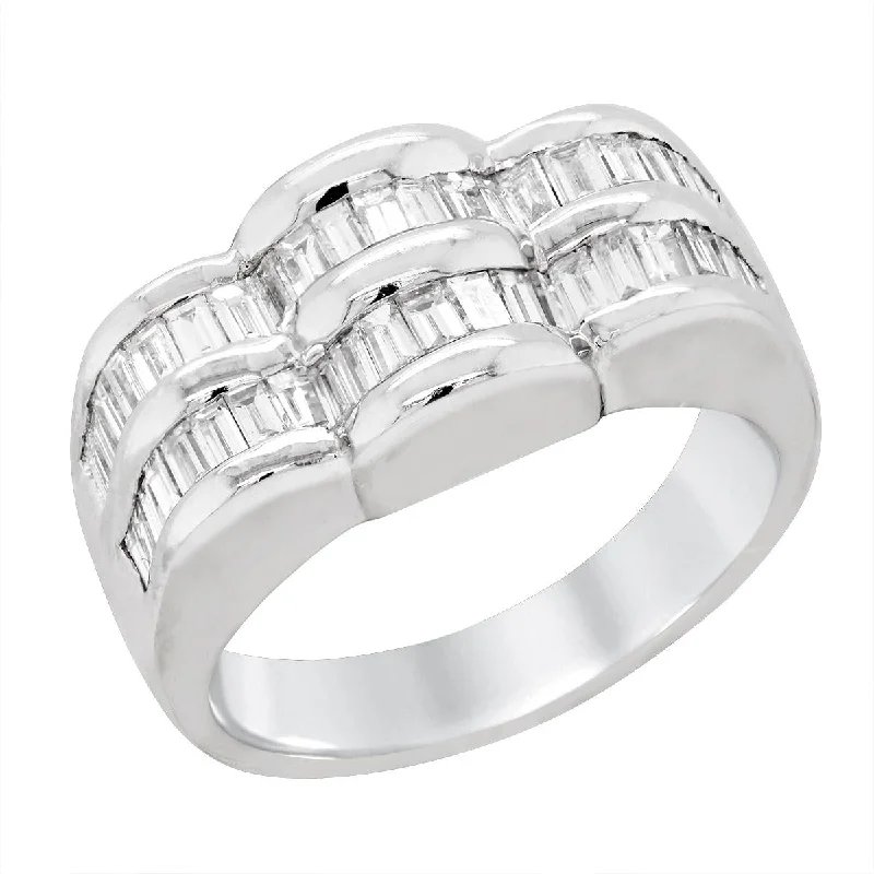 classic ladies rings-WIDE BAND WHITE GOLD RING WITH ROWS OF BAGUETTE DIAMONDS, .86 CT TW