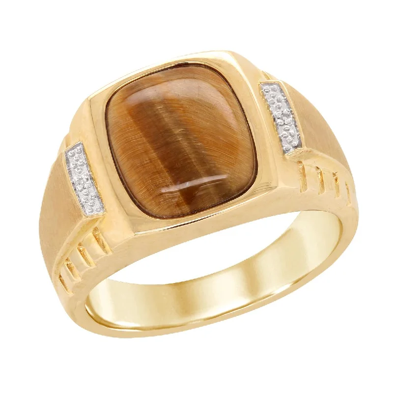 stackable engagement rings for ladies-YELLOW GOLD FASHION RING WITH TIGER EYE AND DIAMONDS, .006 CT TW