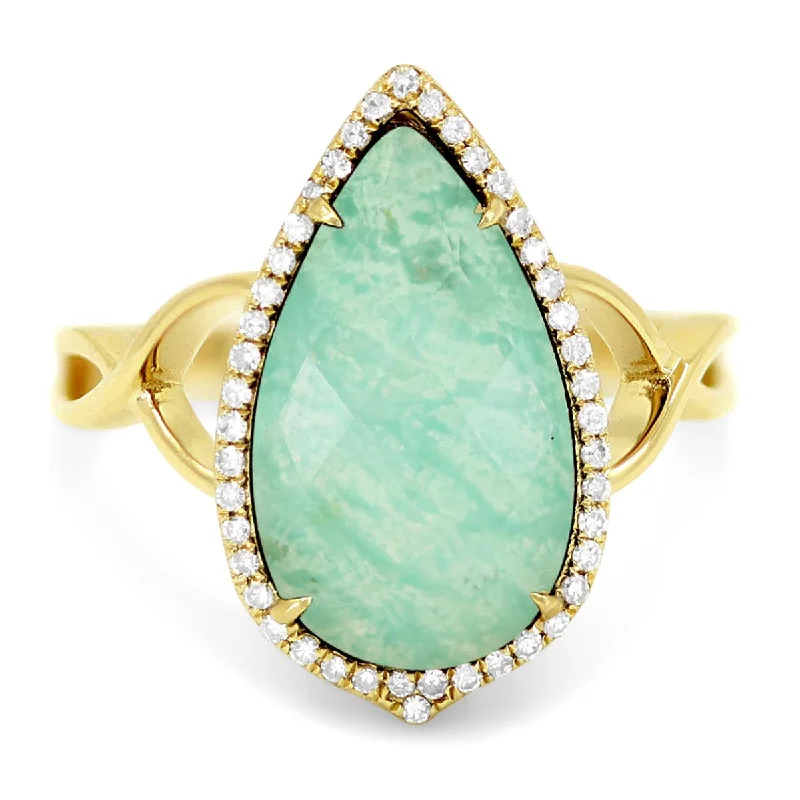 ladies rings with moonstone-YELLOW GOLD STATEMENT RING WITH A PEAR SHAPED AMAZONITE