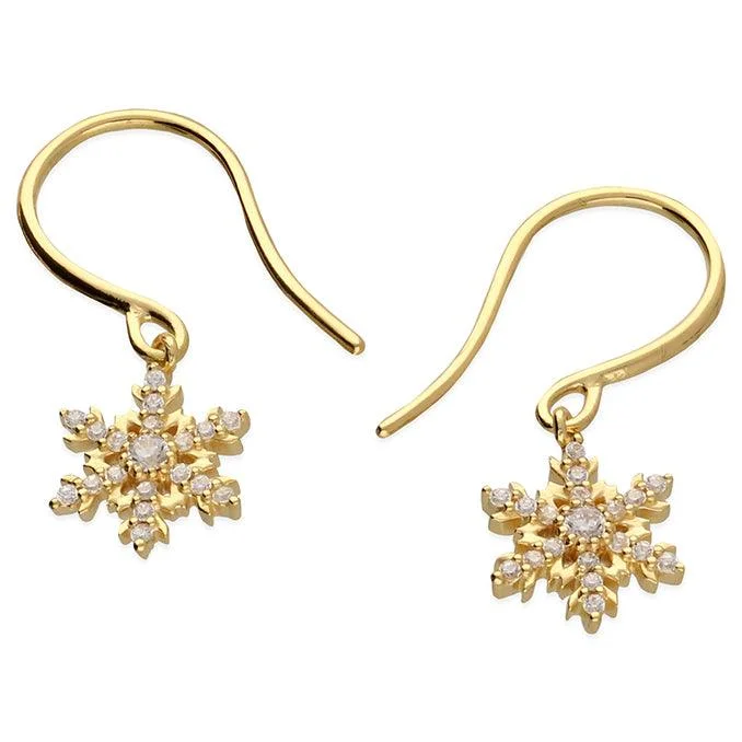 emerald earrings for ladies-Gold Sparkling Snowflake Drop Earrings