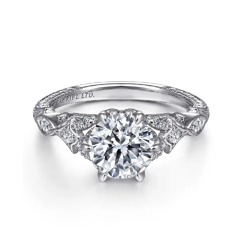 women’s halo engagement rings-18K White Gold 'Indira' Vintage Inspiration Round Diamond Engagement Ring