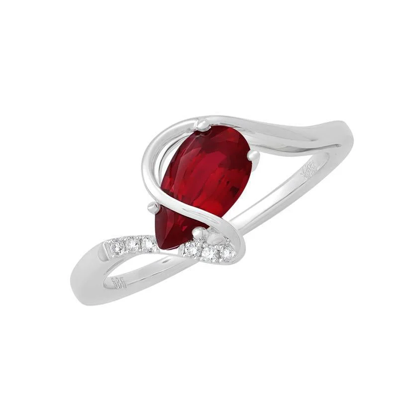 ladies rings with green emerald-CHATHAM LAB GROWN PEAR CUT RUBY AND DIAMOND RING