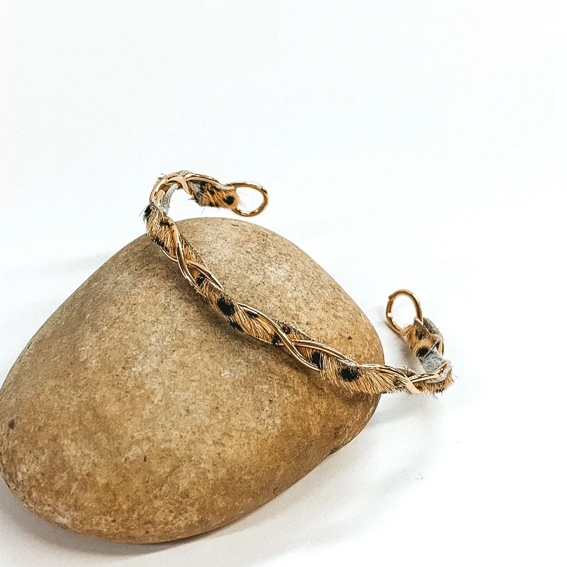 luxury rose gold bracelets for women-Gold Wire Bracelet with Faux Fur Inlay in Tan Dalmatian Print