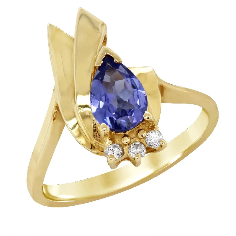 simple ladies rings with diamonds-YELLOW GOLD RING WITH PEAR TANZANITE CENTER, .03 CT TW