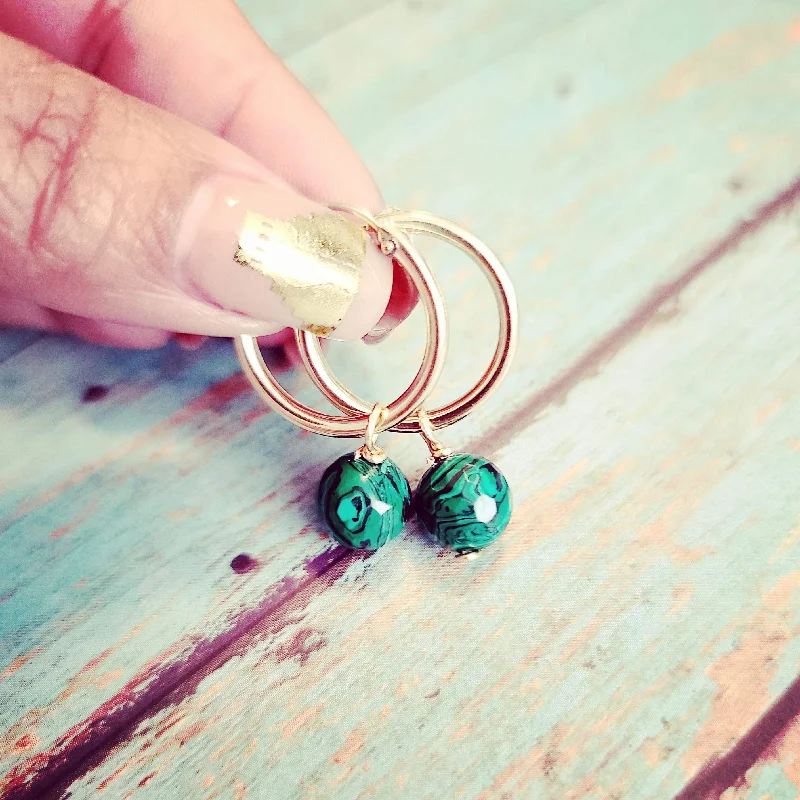 vintage-style earrings for ladies-Malachite 14kt Gold Fill Hoop Earrings