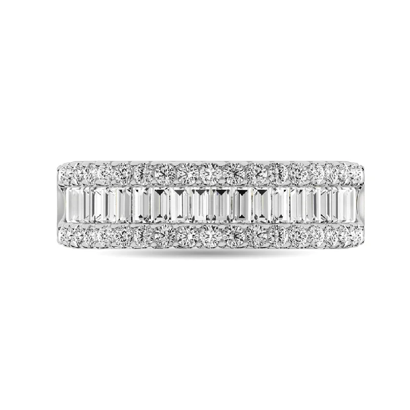 ladies rings with cubic zirconia-Diamond 1 Ct.Tw. Round and Baguette Fashion Band in 14K White Gold