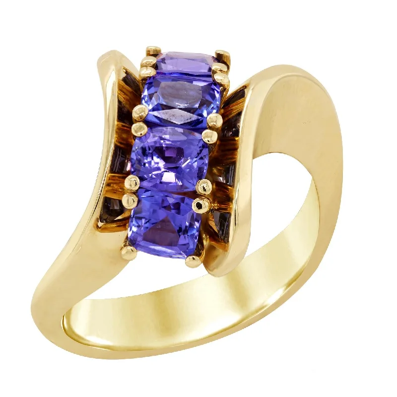 platinum wedding bands for ladies-YELLOW GOLD BYPASS RING WITH TANZANITE