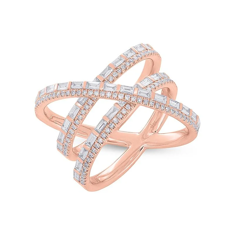 infinity ladies rings-ROSE GOLD BRIDGE RING WITH ROUND AND BAGUETTE CUT DIAMONDS