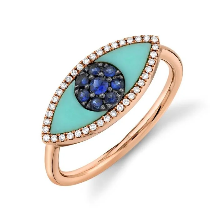 colorful ladies rings-14K Rose Gold Diamond & Blue Sapphire + Turquoise Eye Ring