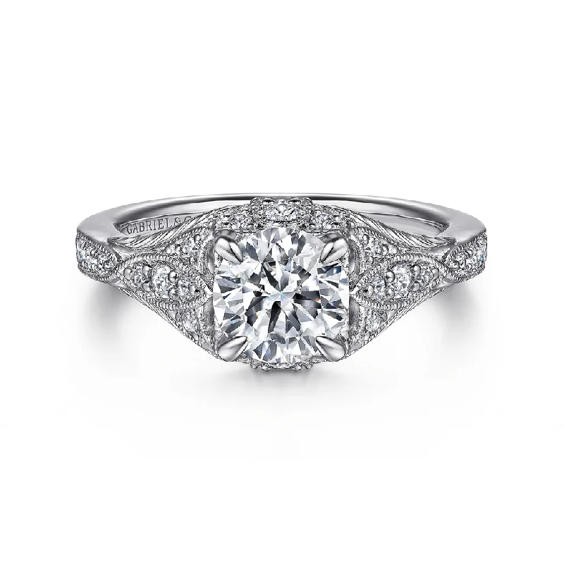 women’s engagement rings with side stones-14K White Gold 'Windsor' Vintage Inspired Round Diamond Engagement Ring