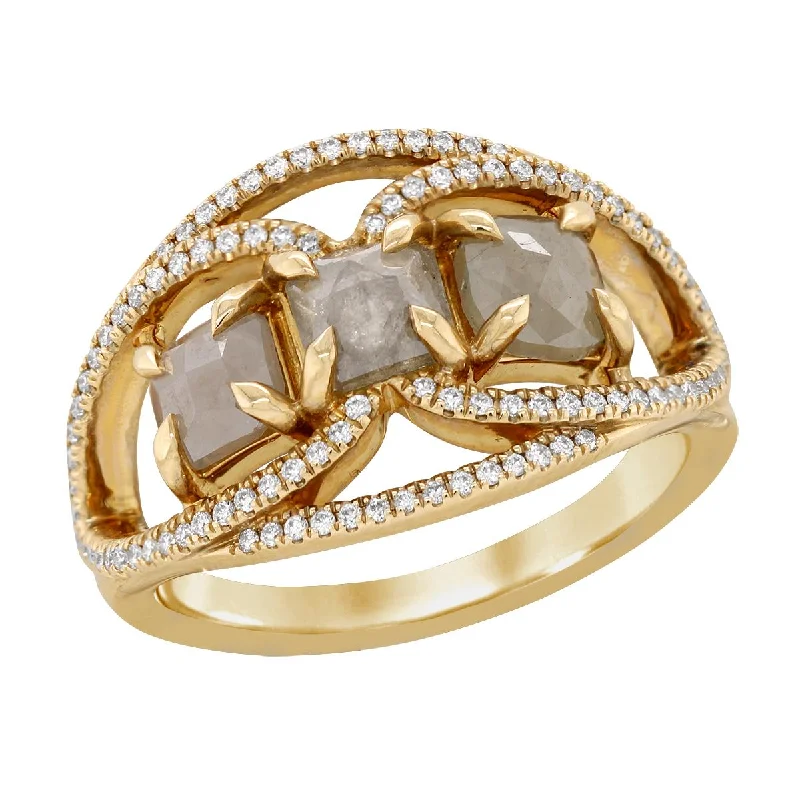 stacking rings for ladies-YELLOW GOLD FASHION RING WITH SPLIT SHANK AND FANCY COLOR DIAMONDS, 1.58 CT TW