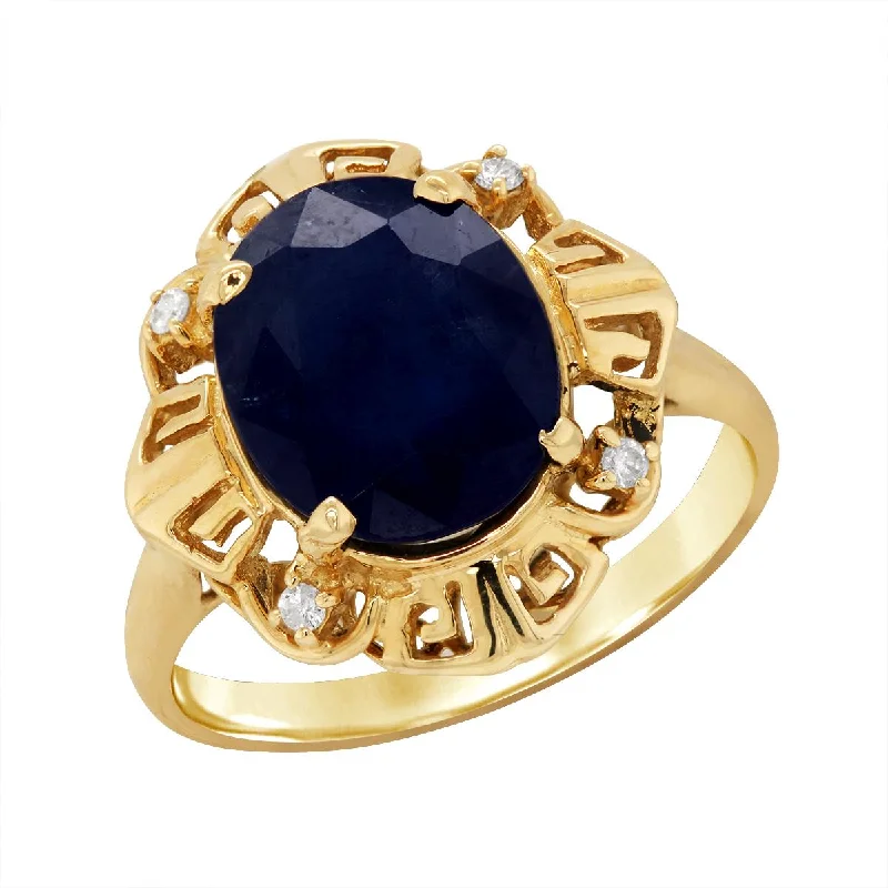 ladies rings with diamonds and sapphires-YELLOW GOLD OVAL SAPPHIRE STATEMENT RING, .04 CT TW