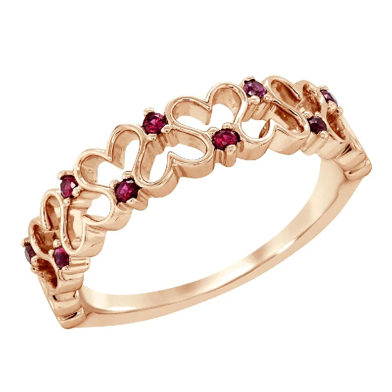 modern minimalist ladies rings-ROSE GOLD HEART PATTERN FASHION RING WITH 9 RUBIES