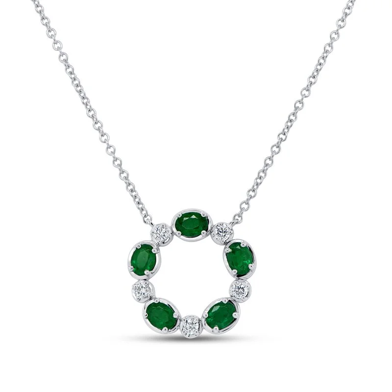 statement piece ladies necklaces-5 0.16ct Round Diamonds and 5 0.77ct Oval Emerald 16-18" Necklace in 18K White Gold