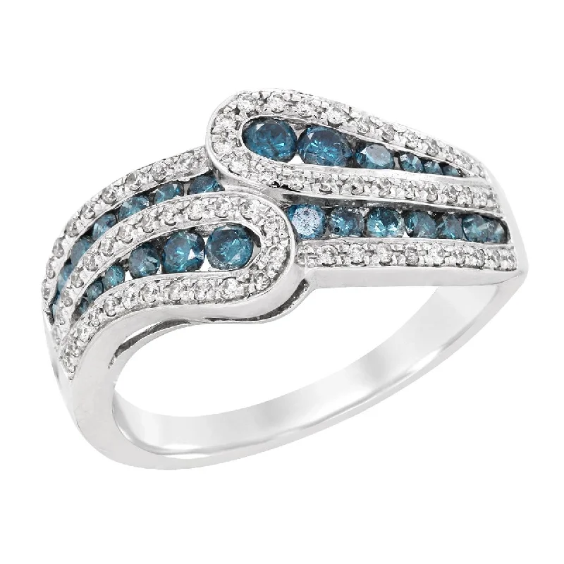 diamond solitaire rings for ladies-WHITE GOLD BYPASS RING WITH ROUND BLUE AND WHITE DIAMONDS, .70 CT TW