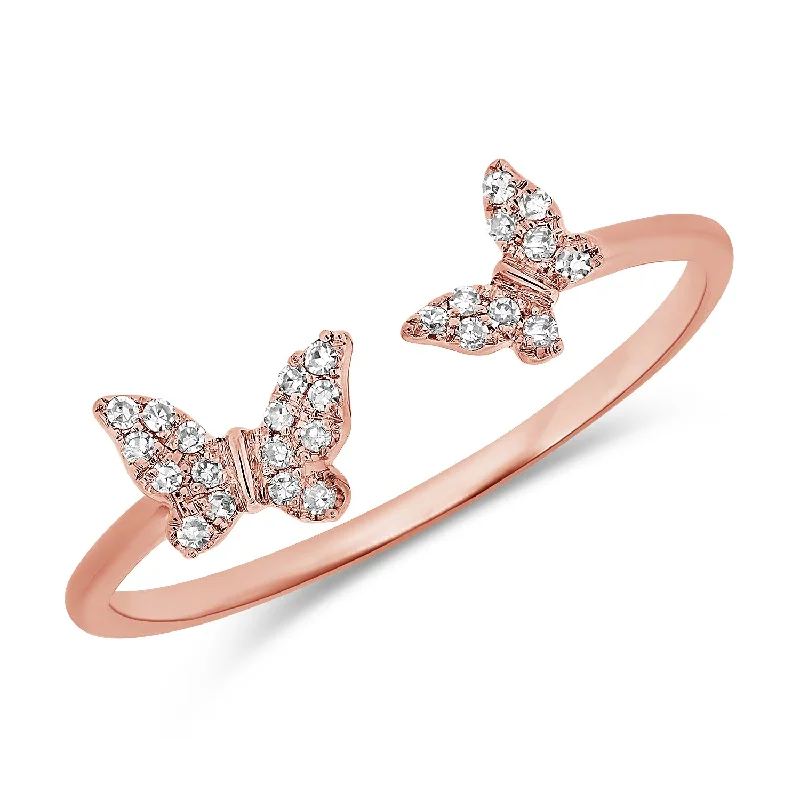 women’s gemstone rings-14K Rose Gold Diamond Double Butterfly Open Cuff Ring