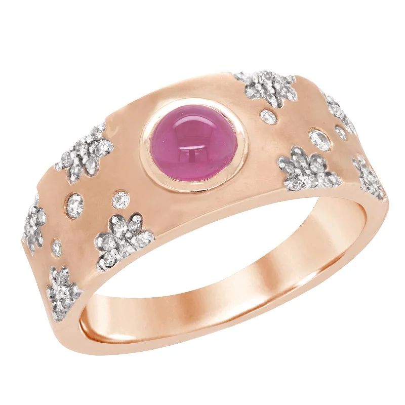 chunky ladies rings-ROSE GOLD FASHION RING WITH CABOCHON CUT PINK SAPPHIRE AND ROUND DIAMONDS, 1/7 CT TW