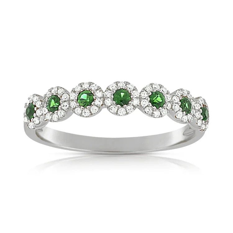 boho style ladies rings-14K White Diamond Halo + Emerald Band