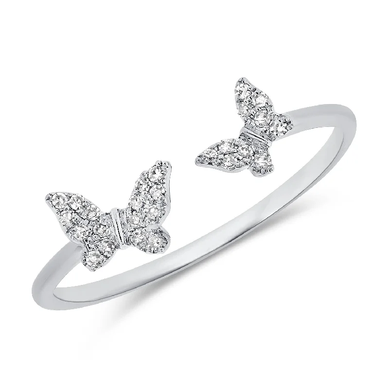 classic gold rings for ladies-14K White Gold Diamond Double Butterfly Open Cuff Ring