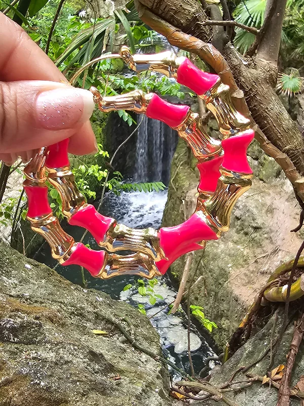 women’s long drop earrings-Hot Pink Enamel Bamboo Hoop Earrings