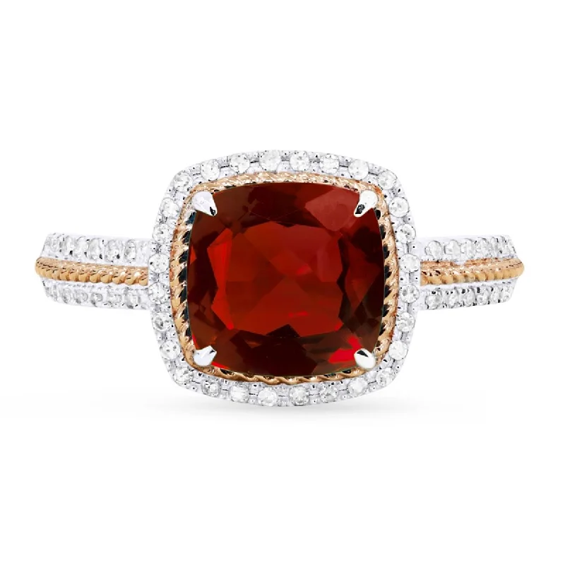 custom wedding rings for ladies-TWO-TONE GOLD FASHION RING WITH CUSHION SHAPED GARNET, .17 CT TW