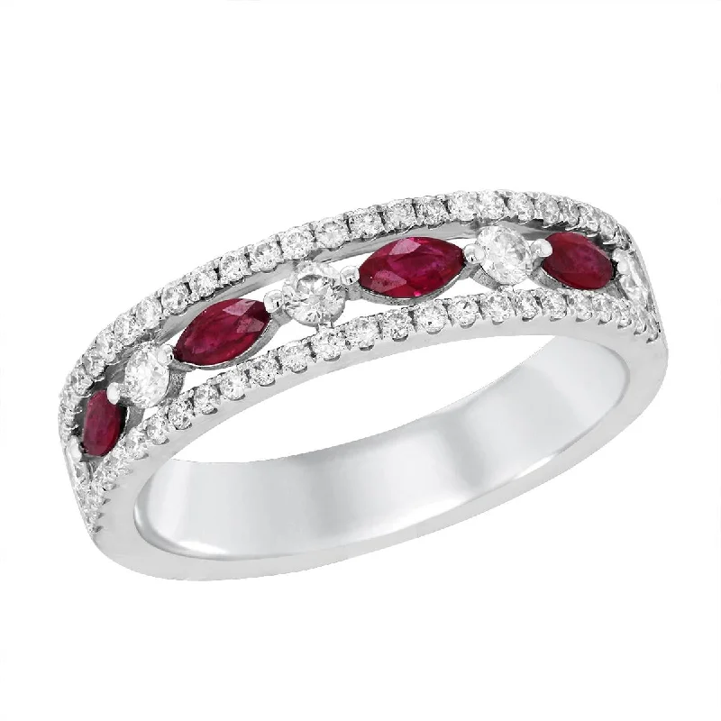 colorful gemstone ladies rings-WHITE GOLD MARQUISE RUBY FASHION RING WITH DIAMONDS, .45 CT TW