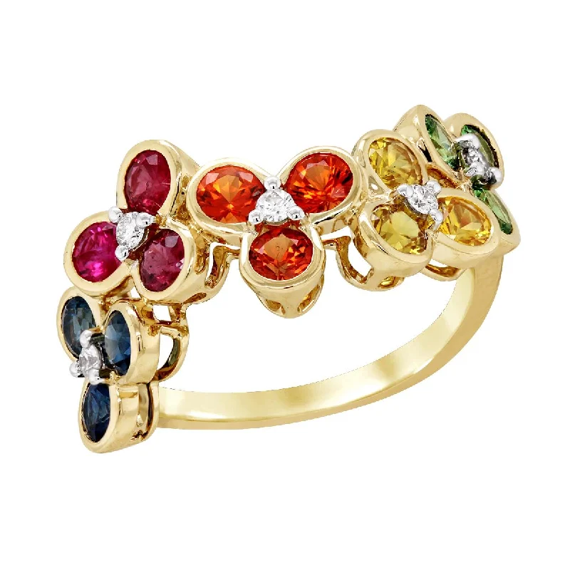 affordable ladies rings-YELLOW GOLD FLORAL RING WITH MULTICOLORED GEMS AND DIAMONDS, .11 CT TW