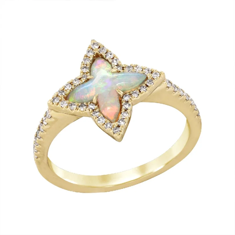 women’s rings with emerald-YELLOW GOLD FASHION RING WITH FANCY SHAPED OPAL AND ROUND DIAMONDS, .20 CT TW