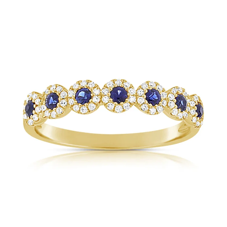 silver stacking rings for ladies-14K Yellow Gold Diamond Halo + Sapphire Band