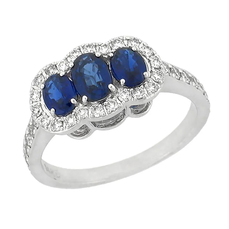 unique ladies rings-WHITE GOLD FASHION RING WITH 3 OVAL CUT SAPPHIRE AND DIAMONDS, .52 CT TW