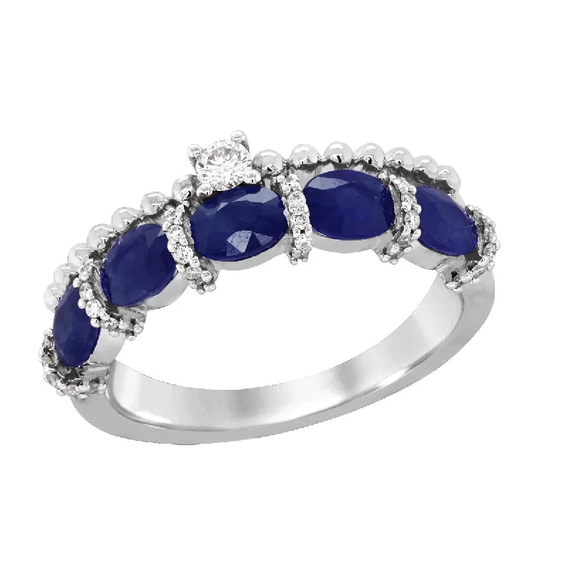 oval-shaped diamond ladies rings-WHITE GOLD RING WITH OVAL SAPPHIRES AND SIDE DIAMONDS