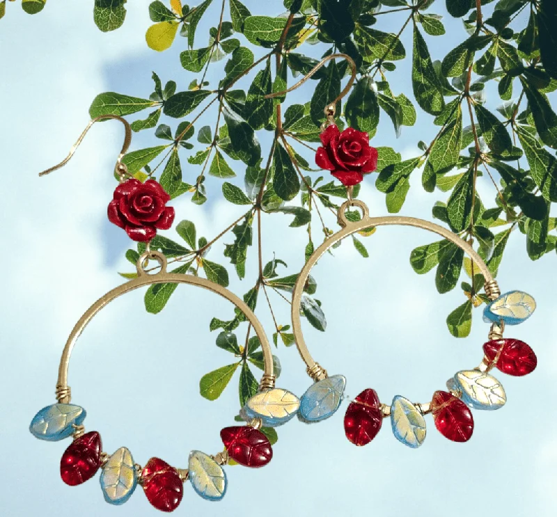 stud earrings with colored stones-Rose Leaf Hoop Earrings