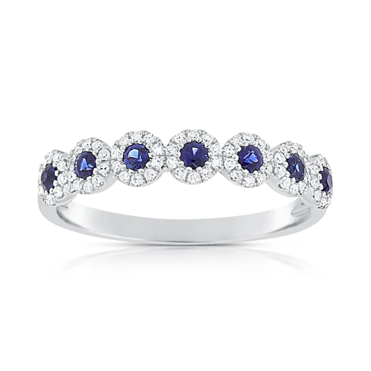 colorful gemstone ladies rings-14K White Gold Diamond Halo + Sapphire Band