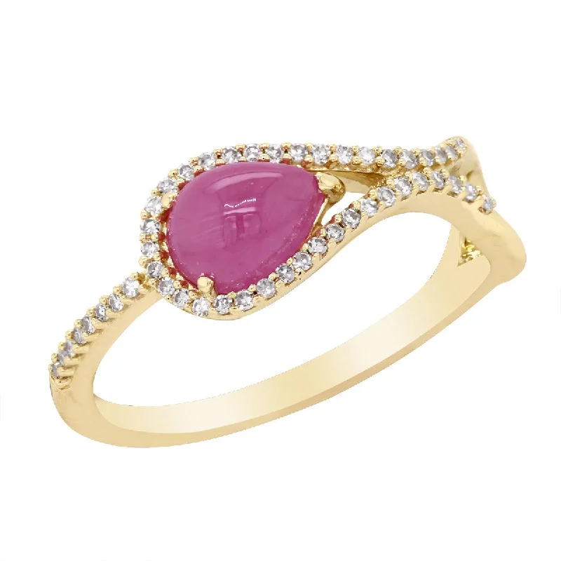 wedding rings for ladies-PEAR SHAPED CABOCHON CUT RUBY AND DIAMOND RING, .14 CT TW