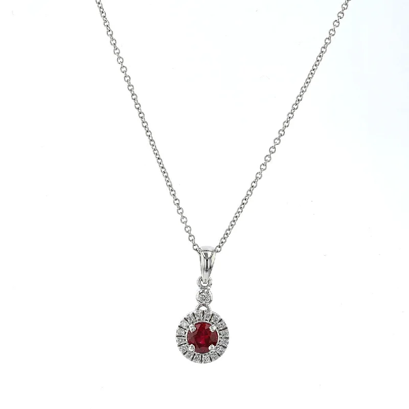 women’s long chain necklaces-14K White Gold Ruby and Diamond Halo Pendant Necklace