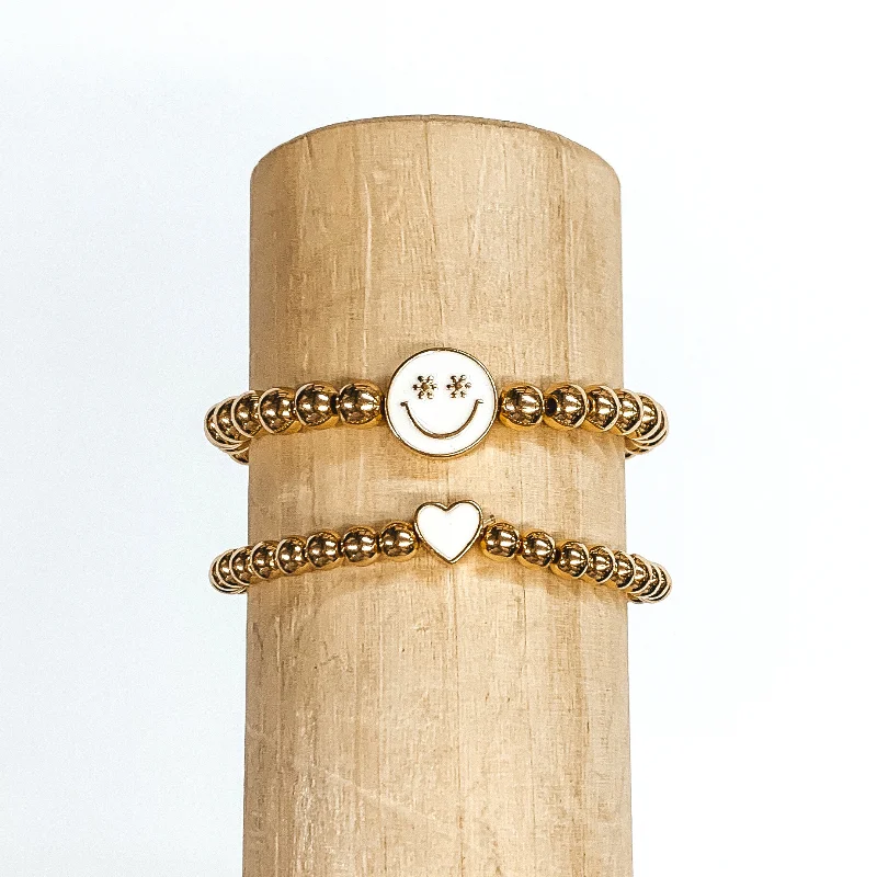 women’s adjustable bangles-Set of Two | Gold Beaded Bracelets with Heart and Happy Face Pendant in Ivory