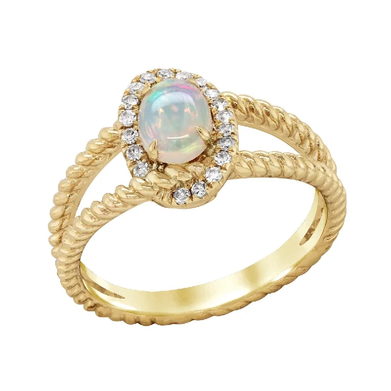 rose gold ladies rings-YELLOW GOLD SPLIT SHANK FASHION RING WITH OPAL AND DIAMOND HALO, .13 CT TW