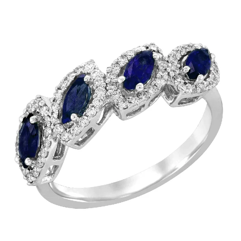 ladies rings with rose quartz-WHITE GOLD FASHION RING WITH MARQUISE SAPPHIRES AND DIAMOND HALOS, .35 CT TW