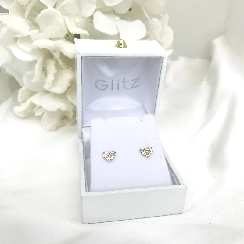 sapphire earrings for women-14k Yellow Gold Cluster CZ Heart Screw back Earrings