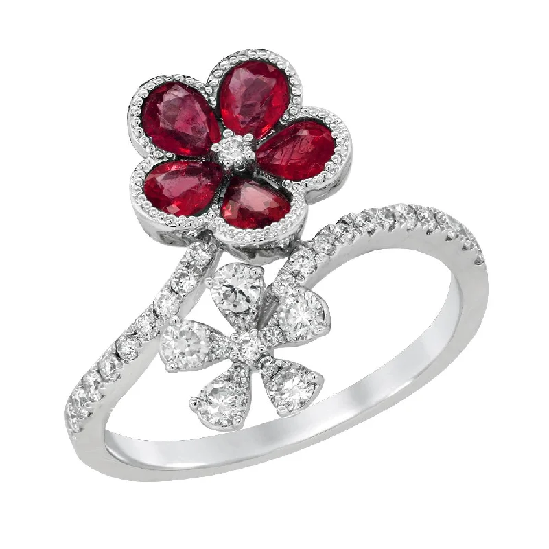 simple gold ladies rings-WHITE GOLD FLORAL STYLE RING WITH RUBIES AND DIAMONDS, .39 CT TW