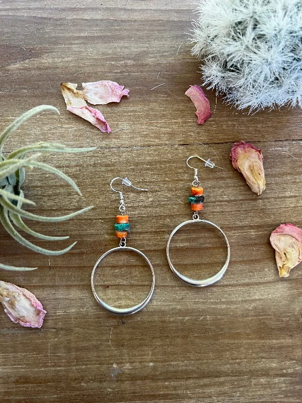 women’s birthstone earrings-Fall mini hoop - real turquoise and spiny oyster earrings